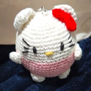 Crochet Cat Keychain with Red Bow